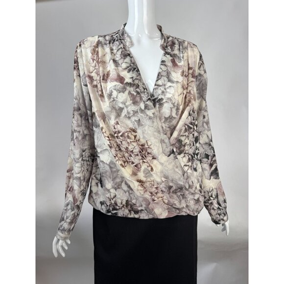 H&M Floral Blouse Wrap Style Draped Front Long Sleeve Polyester Womens L - Picture 13 of 16
